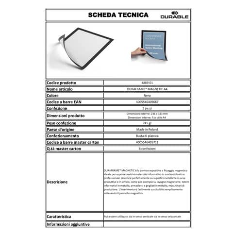 Cornici con pannello magnetico DURABLE DURAFRAME® MAGNETIC A4 PPL rigido nero 236x323 mm  conf. 5 - 486901